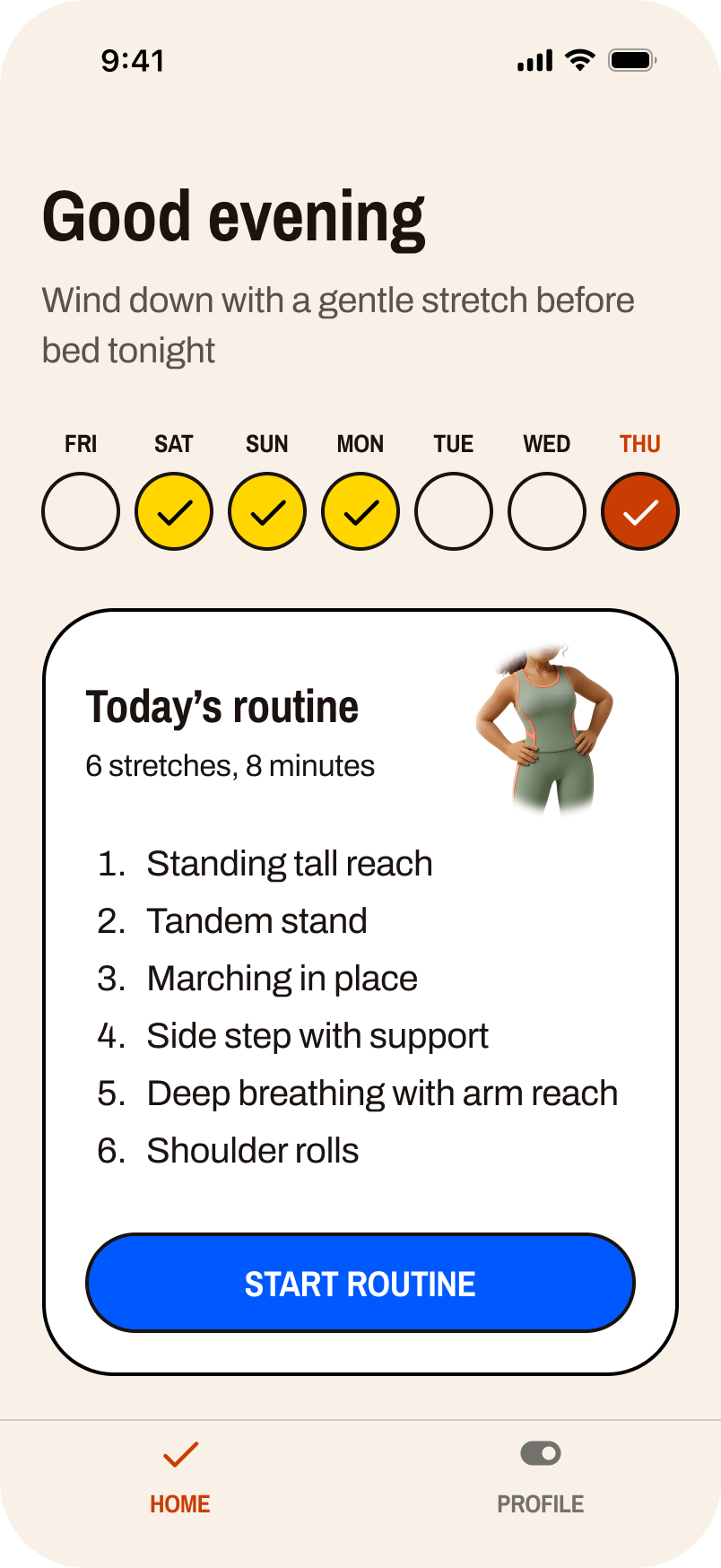 Movable home screen showing your personalized daily routine